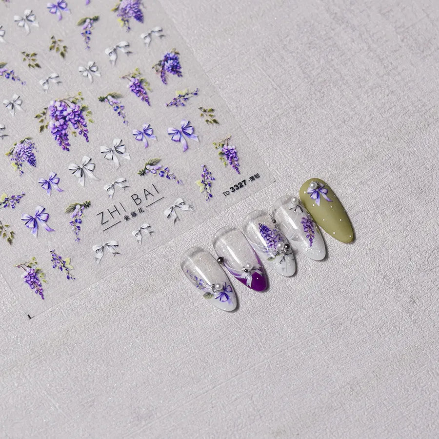 Lavender Nail Art Stickers Flower Adhesive Embossed Wisteria Rose Sticker Decals to3309
