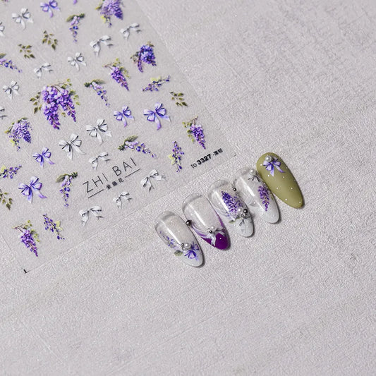 Lavender Nail Art Stickers Flower Adhesive Embossed Wisteria Rose Sticker Decals to3309
