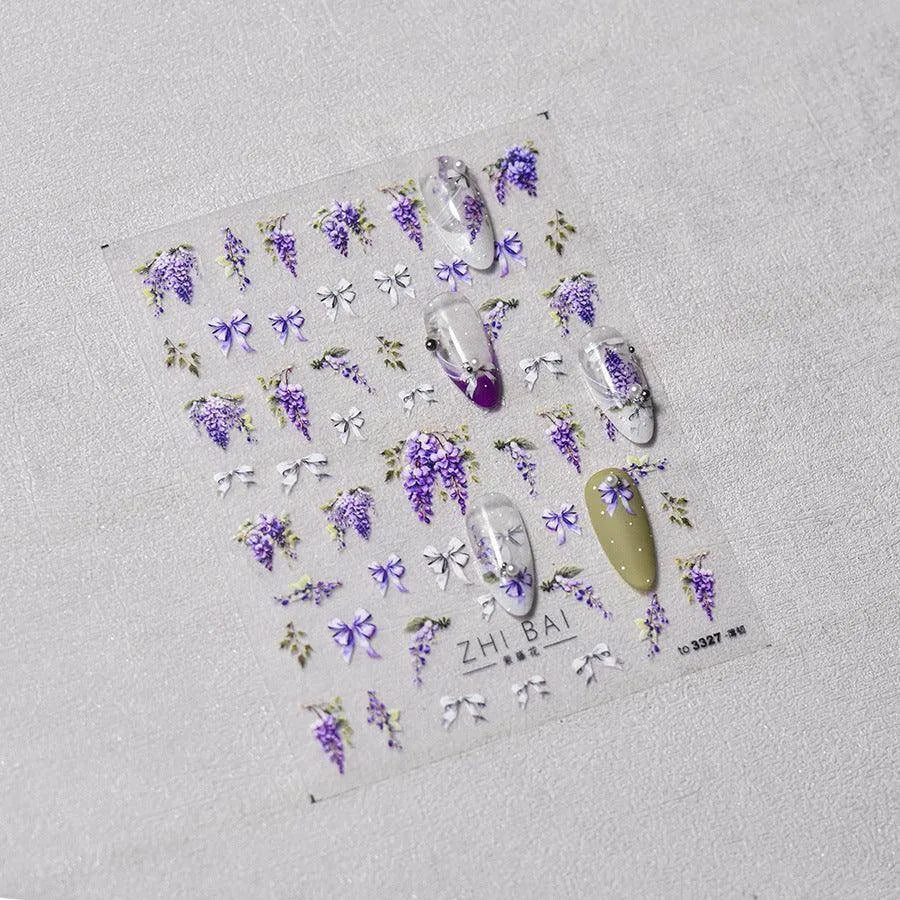 Lavender Nail Art Stickers Flower Adhesive Embossed Wisteria Rose Sticker Decals to3309