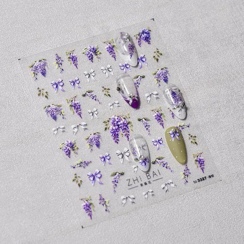 Lavender Nail Art Stickers Flower Adhesive Embossed Wisteria Rose Sticker Decals to3309