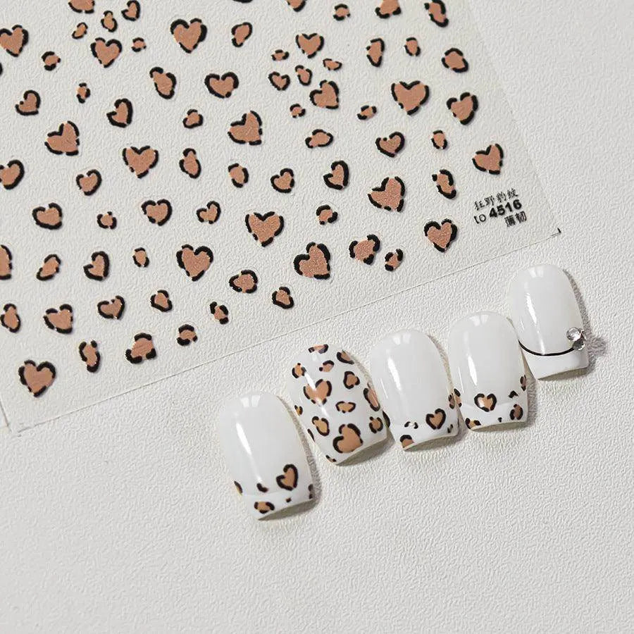 Leopard Print Nail Art Stickers Heart Shape Adhesive Embossed Sticker Decals 