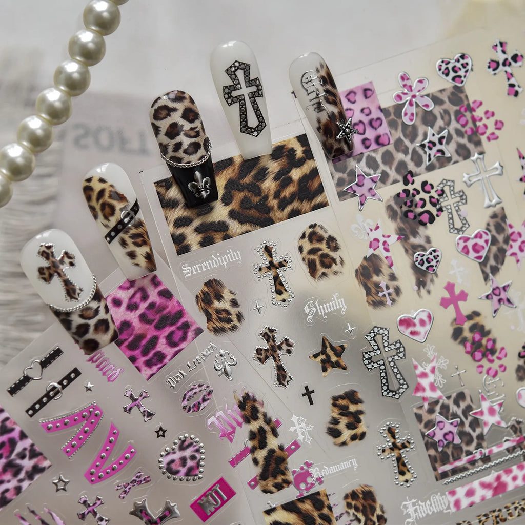 Leopard Print Nail Stickers - Y2K Punk Cross Skull DIY Decals 