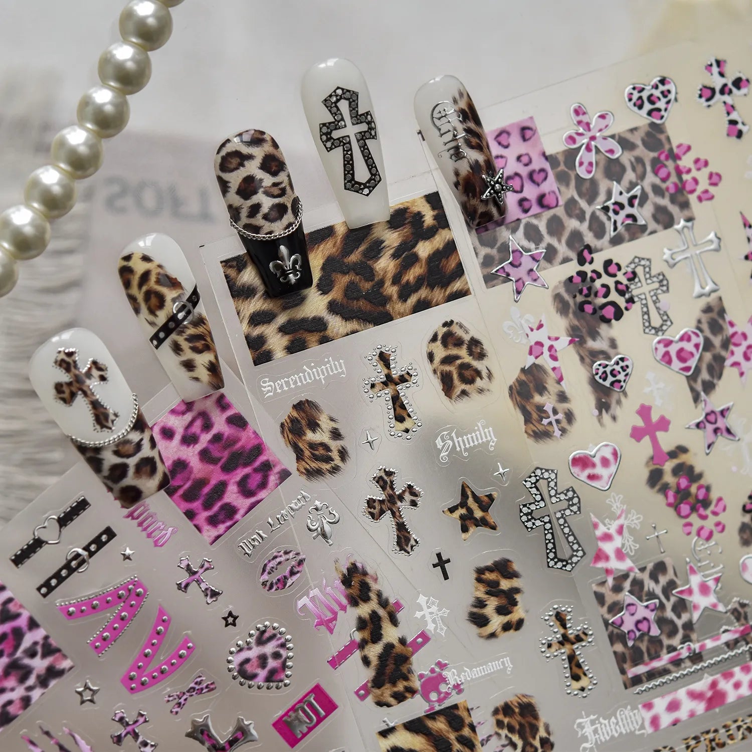 Leopard Print Nail Stickers - Y2K Punk Cross Skull DIY Decals 