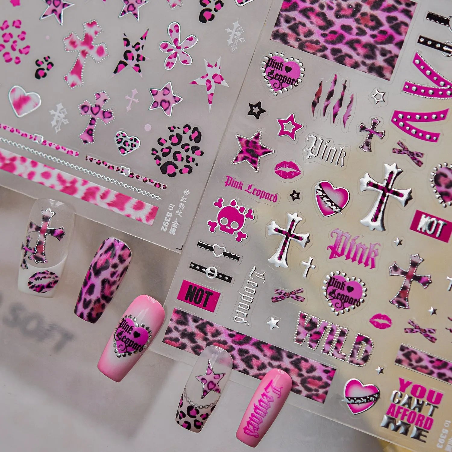 Leopard Print Nail Stickers - Y2K Punk Cross Skull DIY Decals 