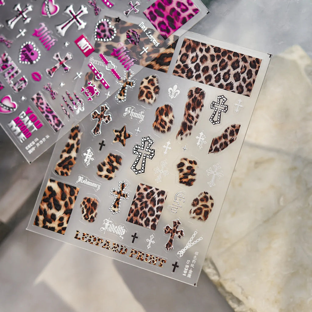 Leopard Print Nail Stickers - Y2K Punk Cross Skull DIY Decals 