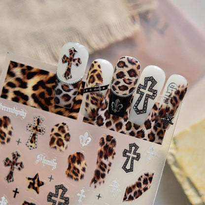 Leopard Print Nail Stickers - Y2K Punk Cross Skull DIY Decals 