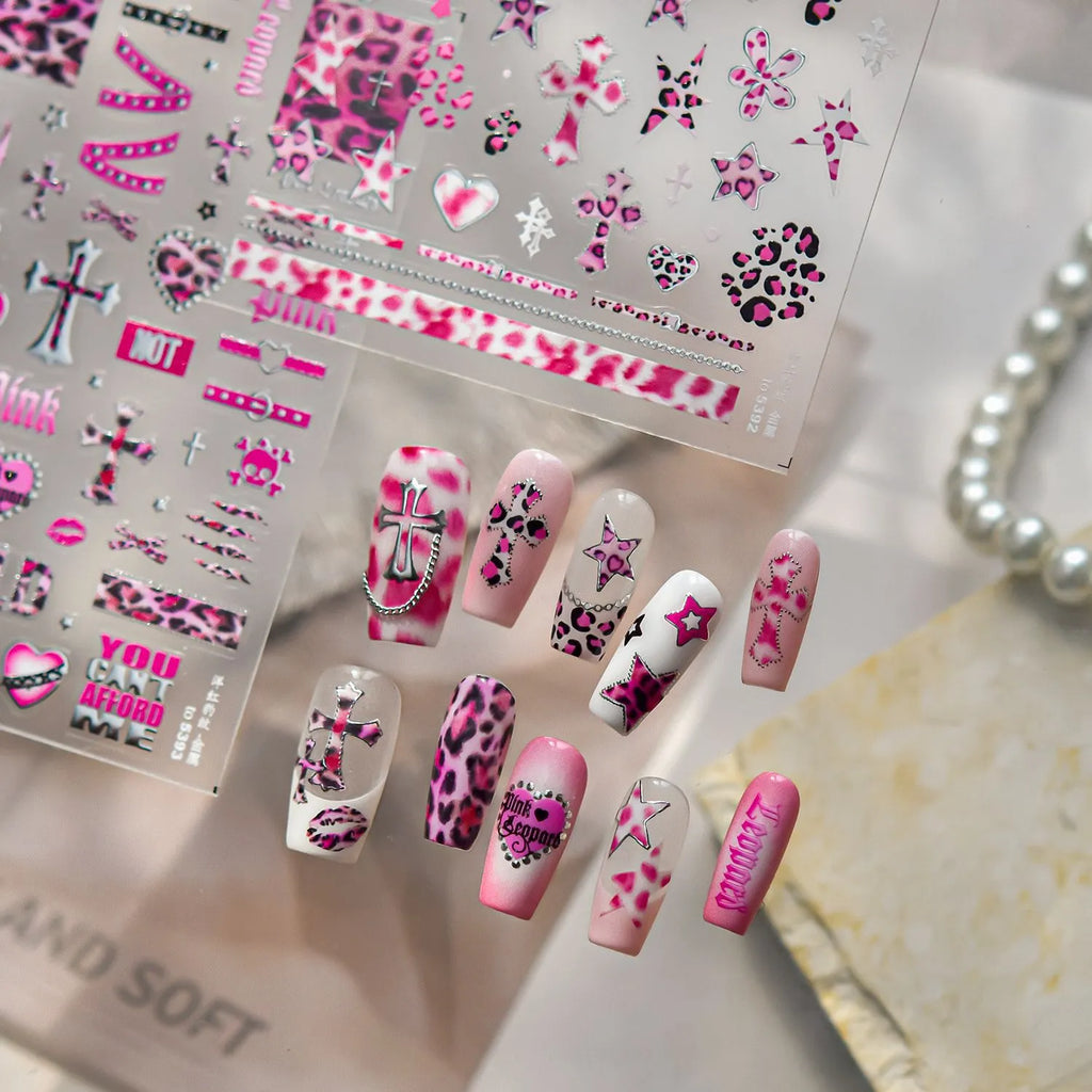 Leopard Print Nail Stickers - Y2K Punk Cross Skull DIY Decals 