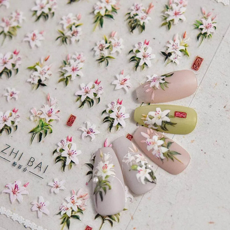 Lily Flower Nail Art Stickers Adhesive Embossed Pink Lily Sticker Decals 