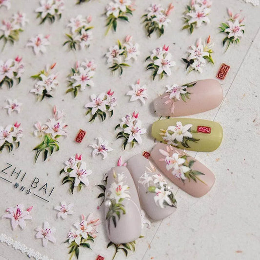 Lily Flower Nail Art Stickers Adhesive Embossed Pink Lily Sticker Decals 