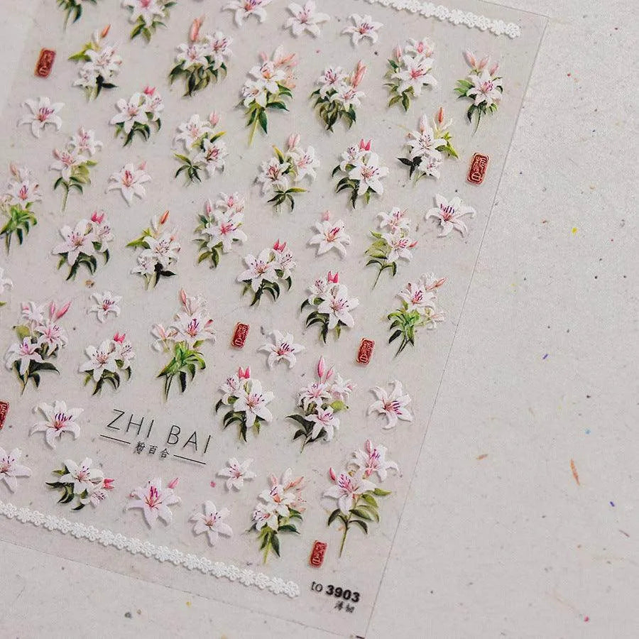 Lily Flower Nail Art Stickers Adhesive Embossed Pink Lily Sticker Decals 