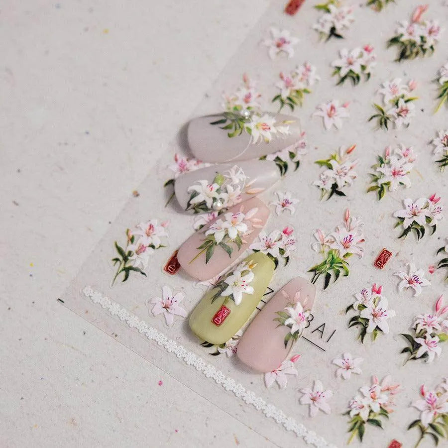 Lily Flower Nail Art Stickers Adhesive Embossed Pink Lily Sticker Decals 