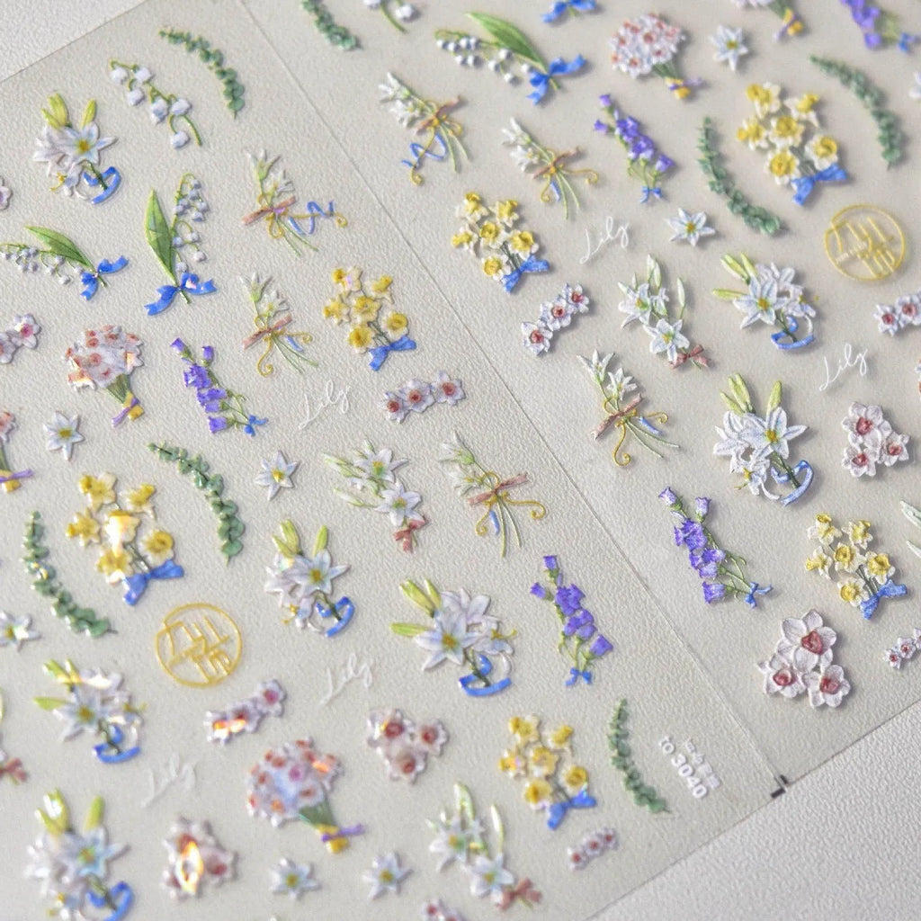 Lily Flower Nail Art Stickers Adhesive Embossed Wild Flowers Rose Sticker Decals 