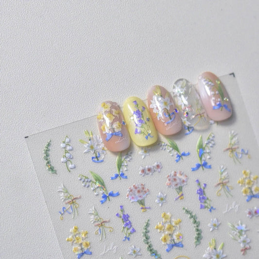 Lily Flower Nail Art Stickers Adhesive Embossed Wild Flowers Rose Sticker Decals 