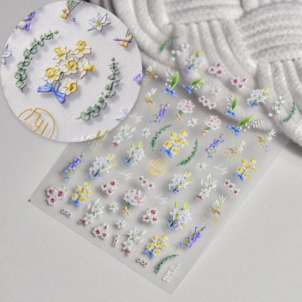 Lily Flower Nail Art Stickers Adhesive Embossed Wild Flowers Rose Sticker Decals 