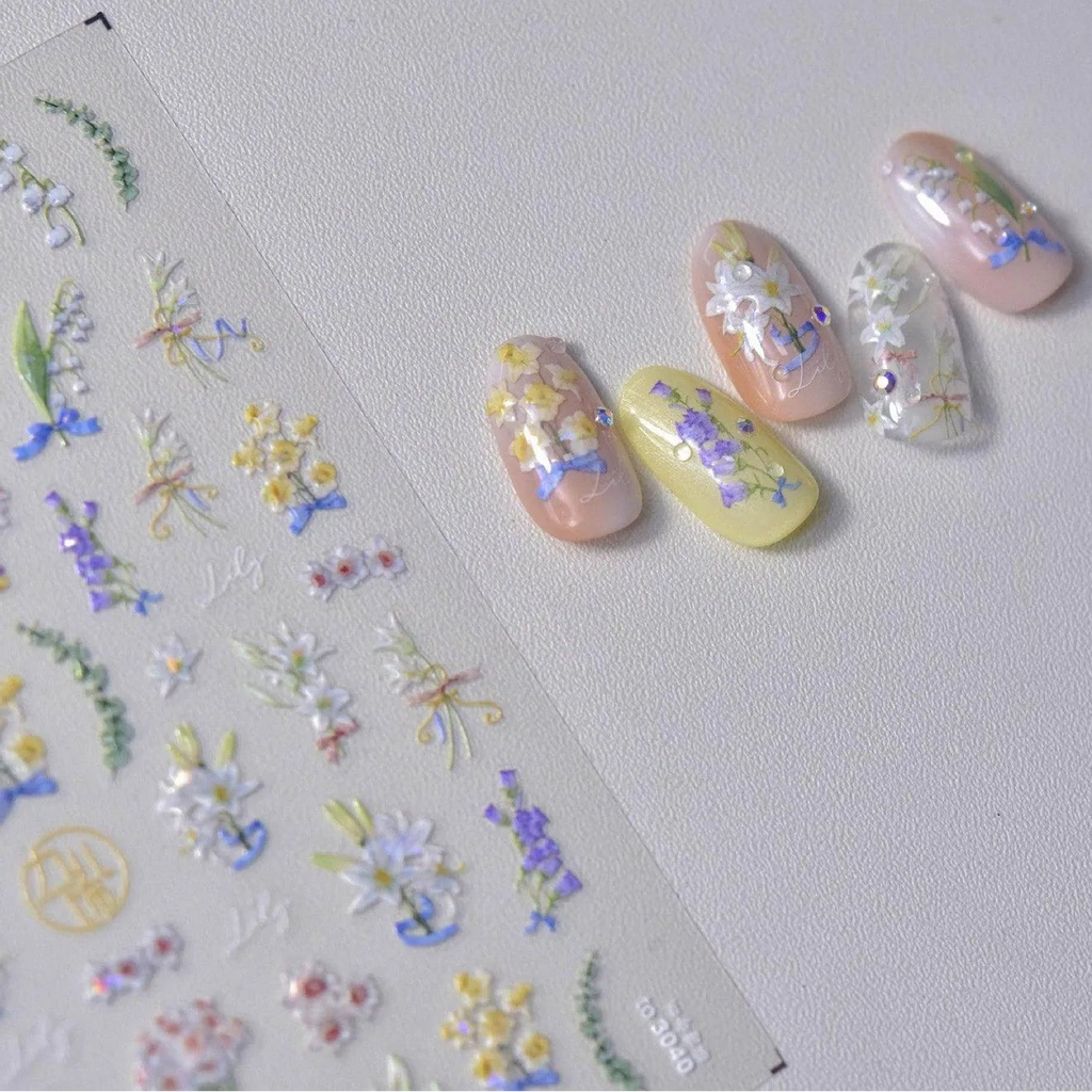 Lily Flower Nail Art Stickers Adhesive Embossed Wild Flowers Rose Sticker Decals 