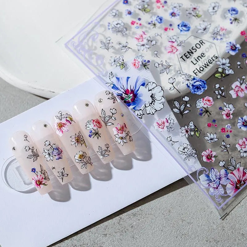 Line Flower Nail Art Stickers Floral Adhesive Slider Sticker Decals TS1487