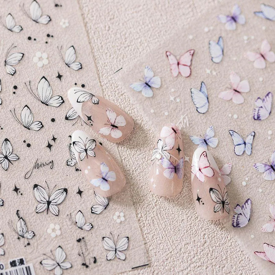 Lined Butterfly Nail Art Stickers Pink White Butterfly Wings Embossed Sticker Decals TS3708