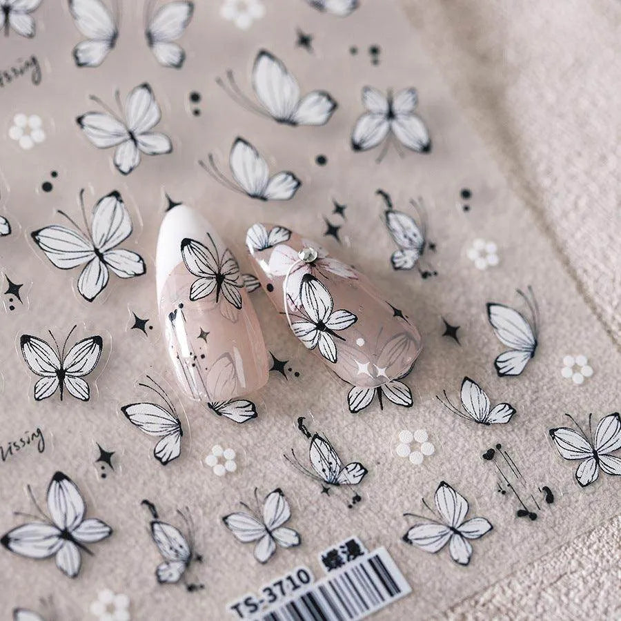 Lined Butterfly Nail Art Stickers Pink White Butterfly Wings Embossed Sticker Decals TS3708
