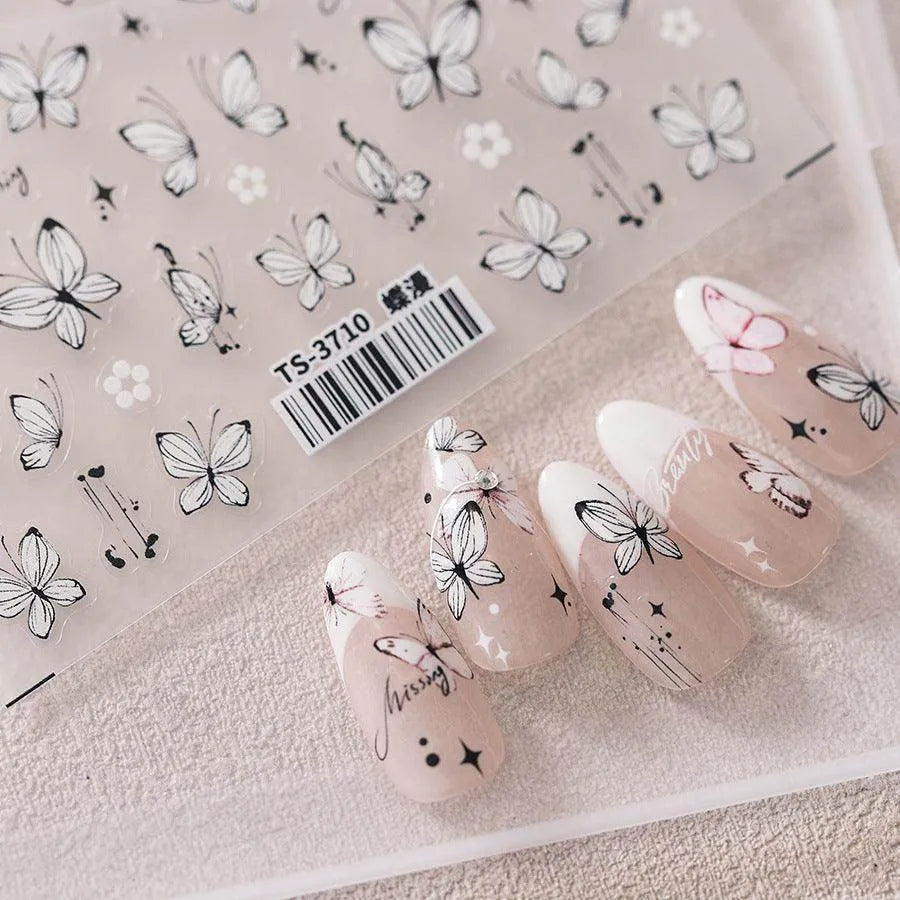 Lined Butterfly Nail Art Stickers Pink White Butterfly Wings Embossed Sticker Decals TS3708