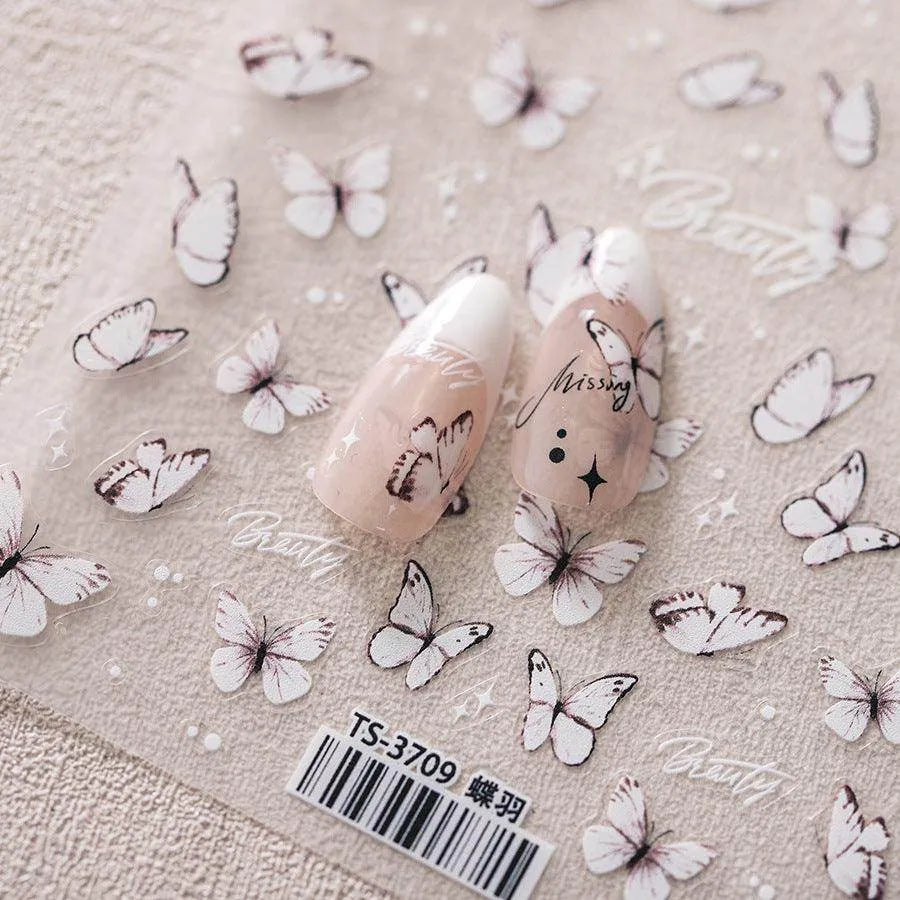 Lined Butterfly Nail Art Stickers Pink White Butterfly Wings Embossed Sticker Decals TS3708