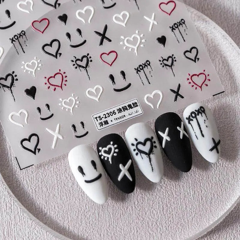 Love Nail Art Stickers Adhesive Sliders Graffiti Ghost Face Embossed Sticker Decals TS2305