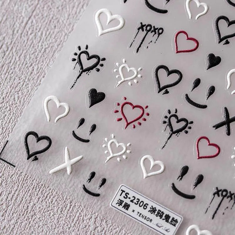 Love Nail Art Stickers Adhesive Sliders Graffiti Ghost Face Embossed Sticker Decals TS2305