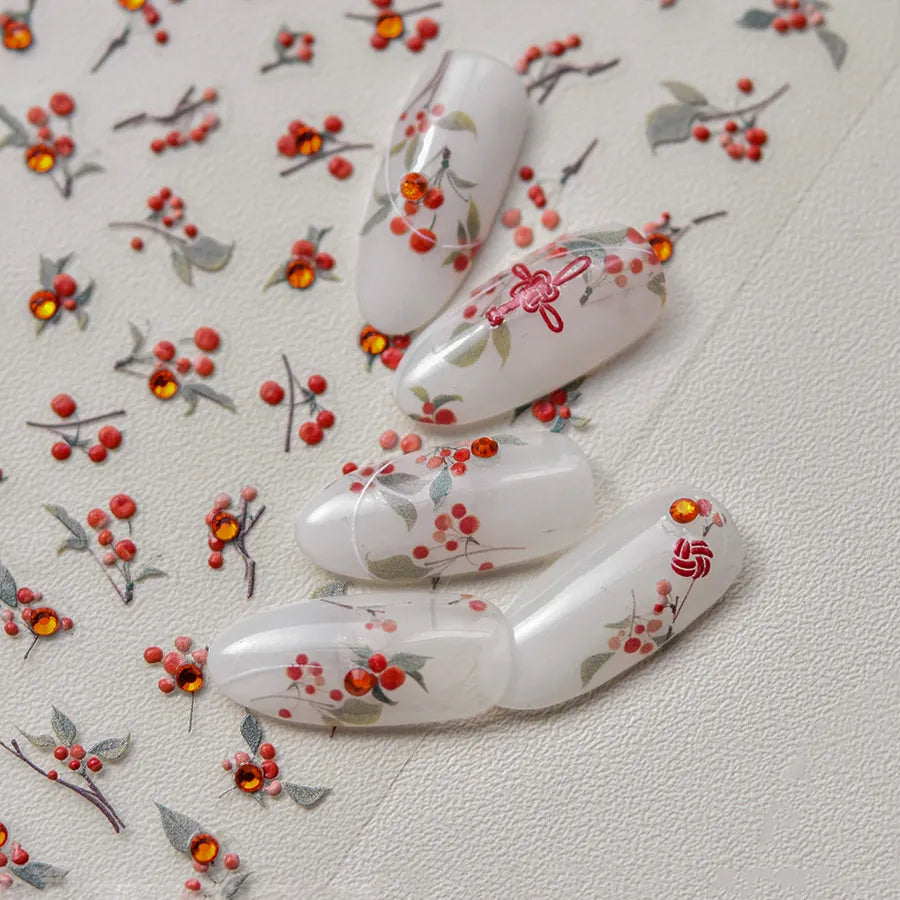 Love Red Bean Nail Art Stickers Adhesive Embossed Sticker Decals with Rhinestones TA285