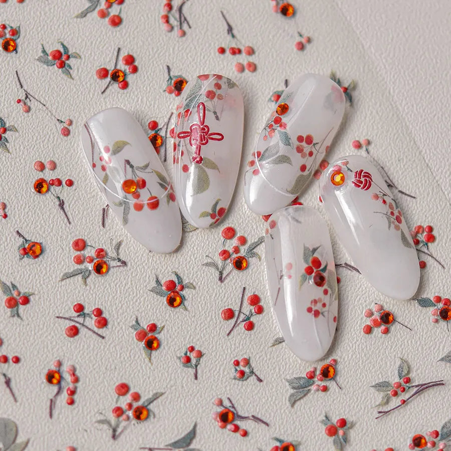 Love Red Bean Nail Art Stickers Adhesive Embossed Sticker Decals with Rhinestones TA285