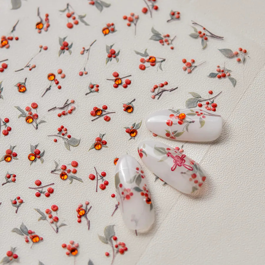 Love Red Bean Nail Art Stickers Adhesive Embossed Sticker Decals with Rhinestones TA285