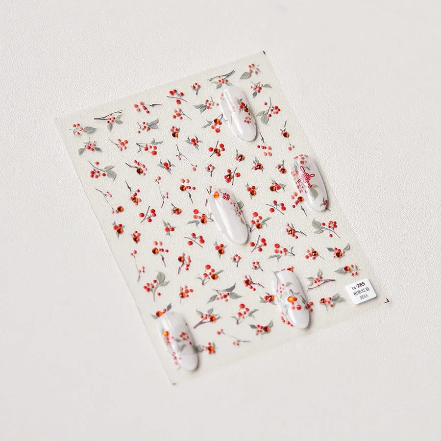 Love Red Bean Nail Art Stickers Adhesive Embossed Sticker Decals with Rhinestones TA285