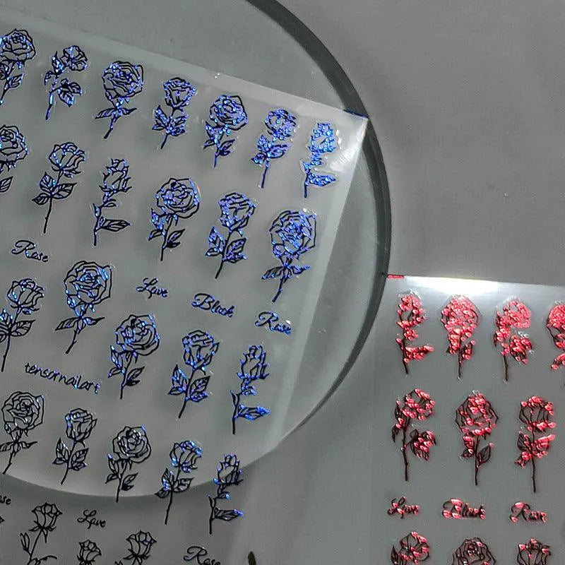 Rose Flower Nail Art Stickers Metal Colors Floral Adhesive Sticker Decals M001 Blue