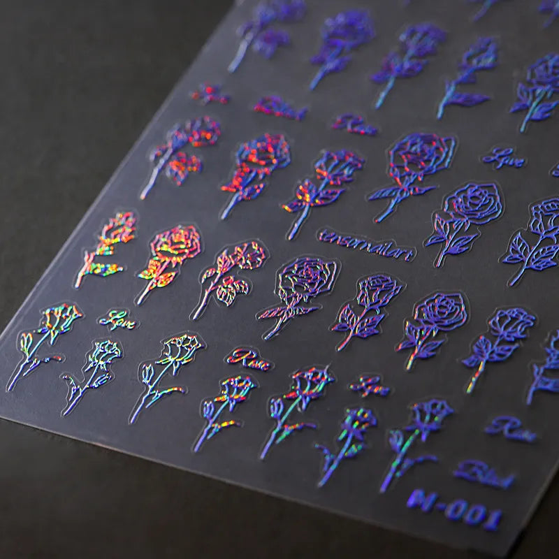 Rose Flower Nail Art Stickers Metal Colors Floral Adhesive Sticker Decals M001 Laser