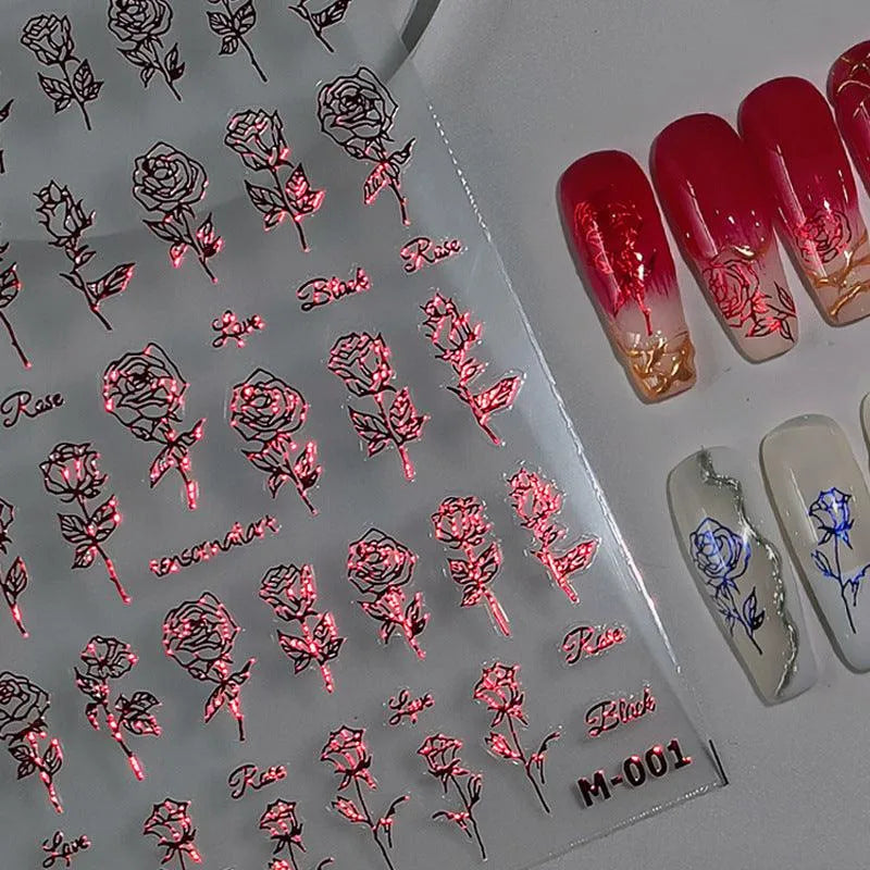Rose Flower Nail Art Stickers Metal Colors Floral Adhesive Sticker Decals M001 Red