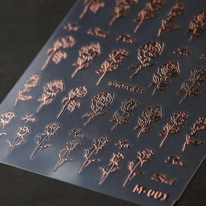 Rose Flower Nail Art Stickers Metal Colors Floral Adhesive Sticker Decals M001 Rose gold