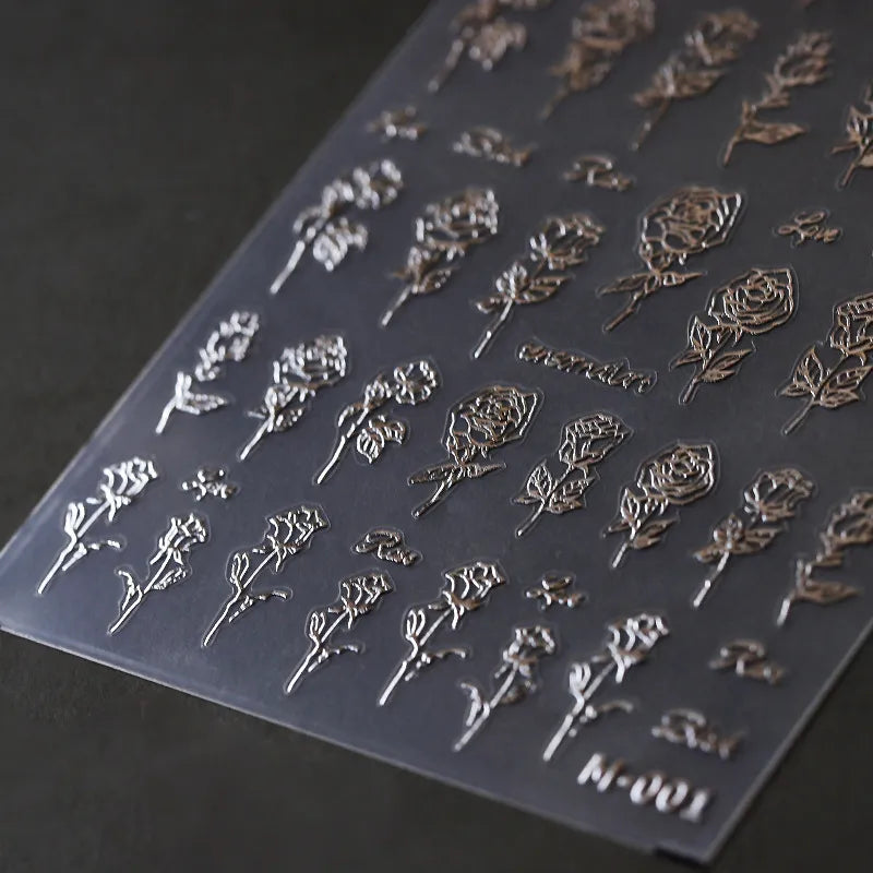 Rose Flower Nail Art Stickers Metal Colors Floral Adhesive Sticker Decals M001 Silver