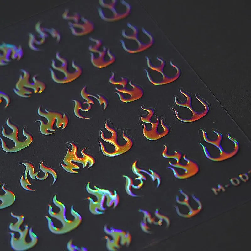 Gold Flame Nail Art Stickers Adhesive Slider Metal Colors Sticker Decals Gold Silver Fire M002 laser