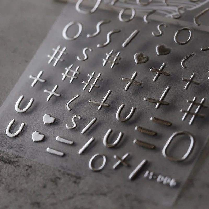 Metal Colors Nail Art Stickers Gold Silver Alphanumeric Symbol 3D Adhesive Sticker Decals M006 silver