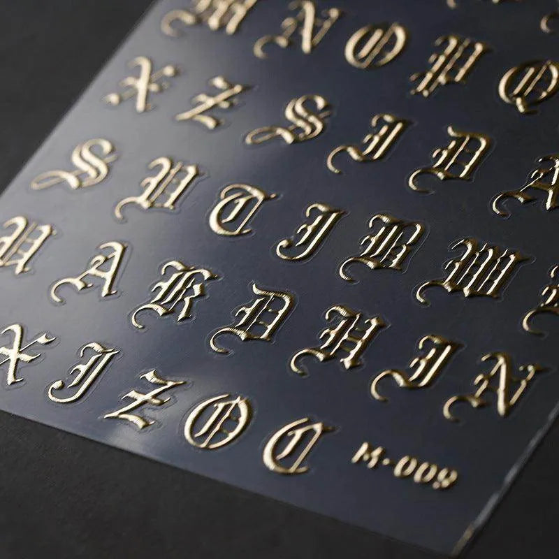 Laser Gothic Initials Nail Art Stickers Adhesive Slider Metal Letters Sticker Decals M009 Gold
