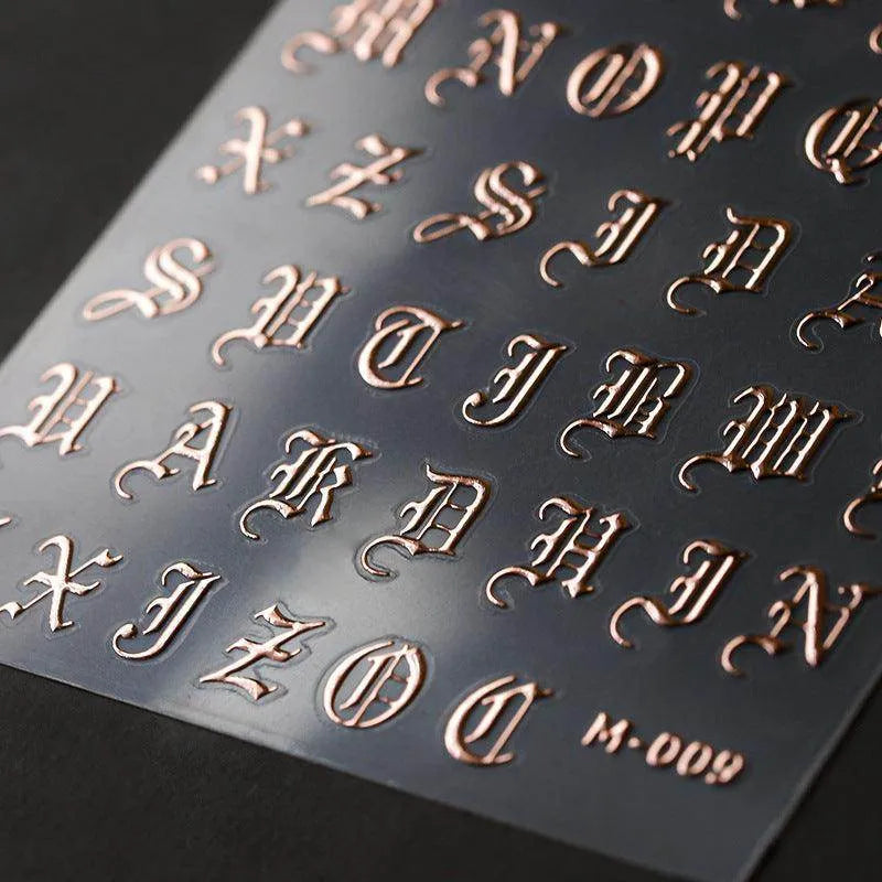 Laser Gothic Initials Nail Art Stickers Adhesive Slider Metal Letters Sticker Decals M009 Rose Gold