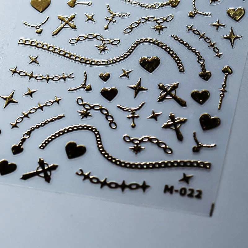 Metal Chain Nail Art Stickers Adhesive Slider Gold Silver Shackle Sticker Decals M022 Gold