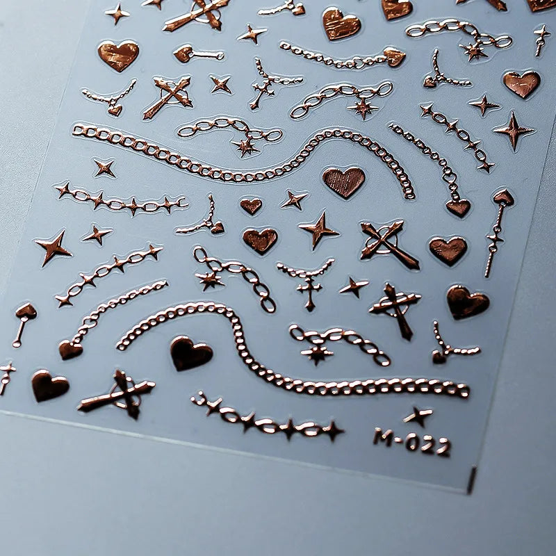 Metal Chain Nail Art Stickers Adhesive Slider Gold Silver Shackle Sticker Decals M022 Rose gold