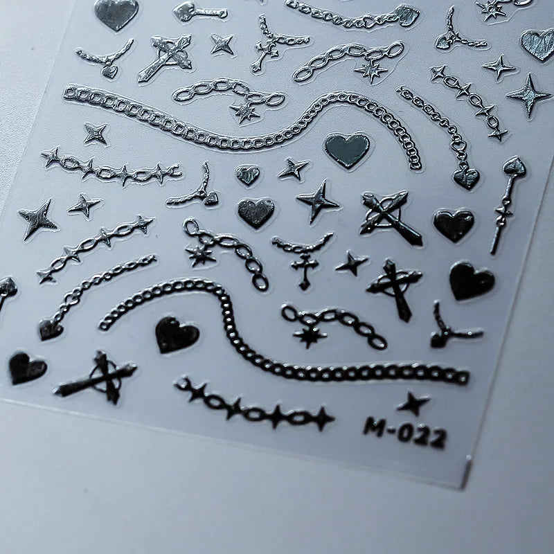 Metal Chain Nail Art Stickers Adhesive Slider Gold Silver Shackle Sticker Decals M022 Silver