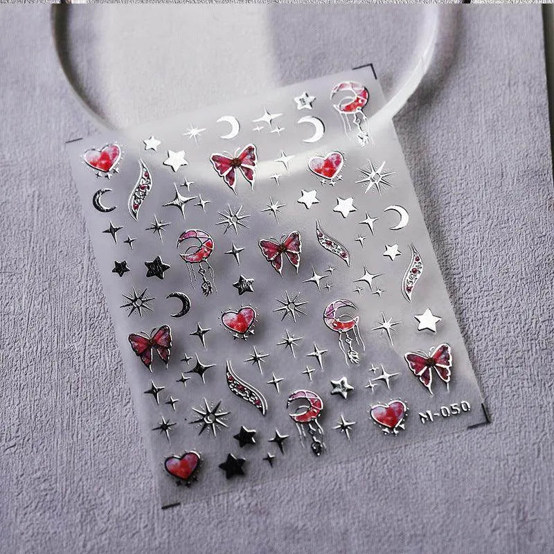 Gold Star Moon Nail Art Stickers Adhesive Slider Butterfly Embossed Sticker Decals M050 silver