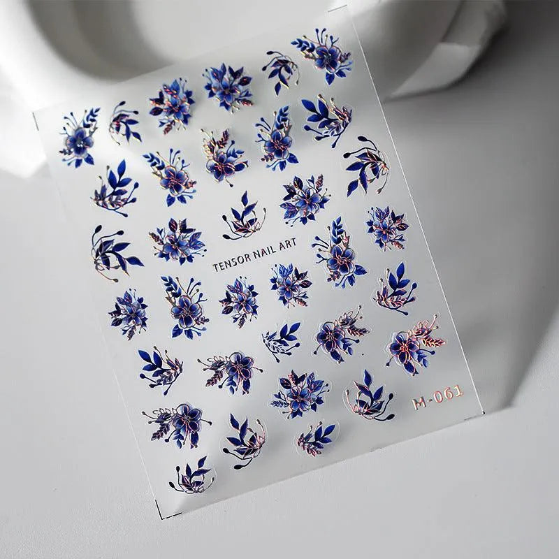 Nail Art Stickers Adhesive Slider Laser Blue Leaf Sticker Decals M061
