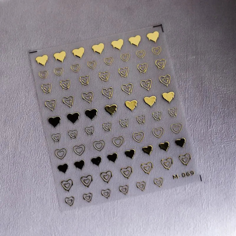 Metal Color Love Nail Art Stickers Gold Silver Heart Shape 3D Adhesive Sticker Decals M069 gold