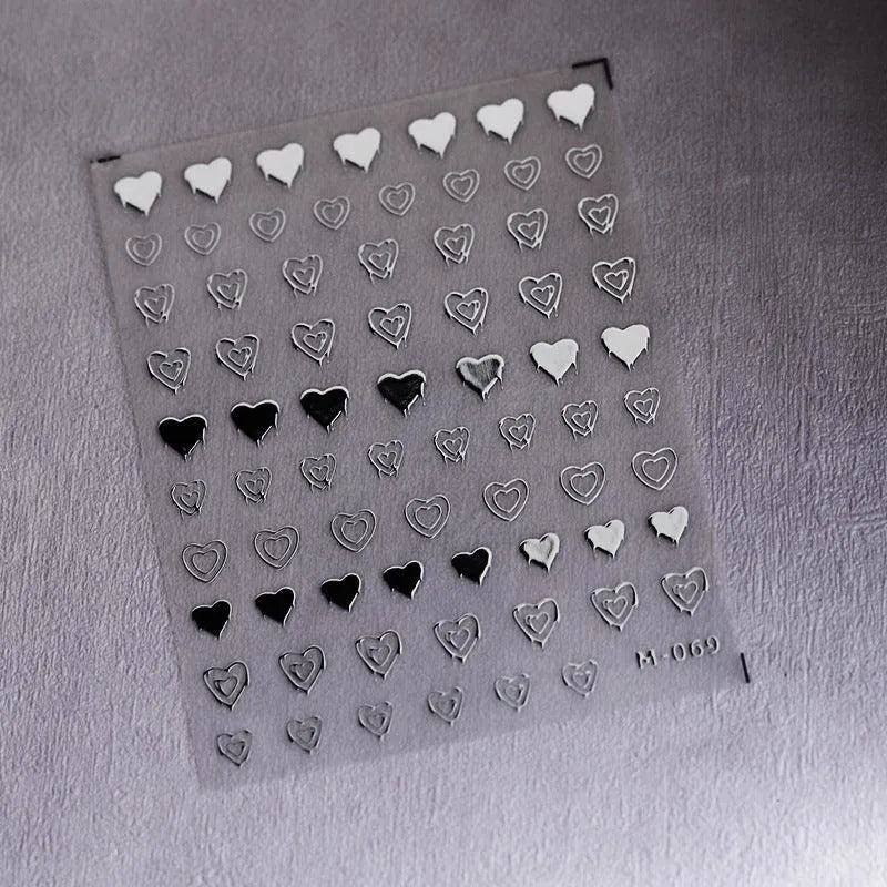 Metal Color Love Nail Art Stickers Gold Silver Heart Shape 3D Adhesive Sticker Decals M069 silver