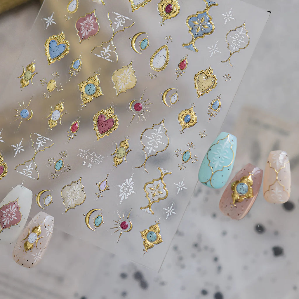 3D Gold Bohemian Nail Stickers - Luxury Gemstone & Sacred Heart Decals