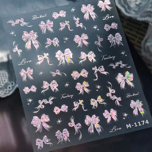 Cute Pink Bow Nail Stickers - Girly Ribbon Nail Art Decals M1174