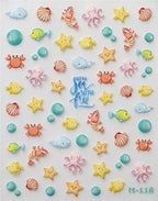 Cartoon Starfish Nail Art Stickers Adhesive Sliders Fish Crab Jellyfish Embossed Sticker Decals M118