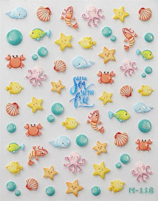 Cartoon Starfish Nail Art Stickers Adhesive Sliders Fish Crab Jellyfish Embossed Sticker Decals M118